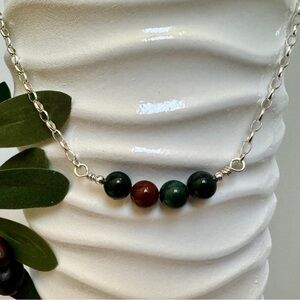 ARTISAN Bloodstone Beaded Wire Wrapped Necklace in Sterling Silver size 19”